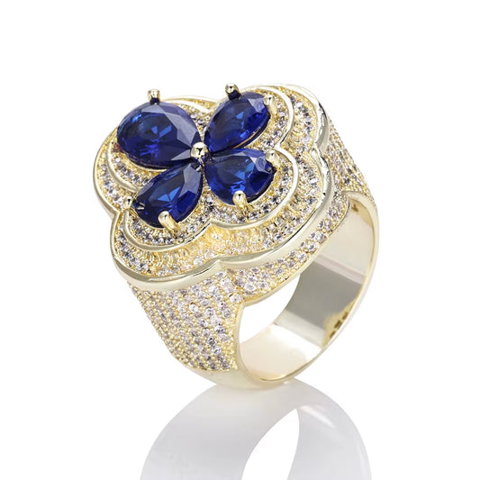 NUOAY Shiny Blue Gemstone Flower Shape Rings White Gold Plated Hip Hop Jewelry Iced Out Four Leaf Diamond Ring for Women