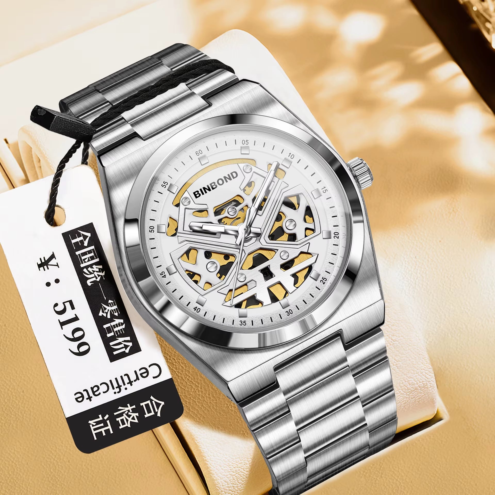 Luxury Men'S Stainless Steel Quartz Watch Binbond Hot Selling Classic Style Hollowed Out High-Quality Luminous Wrist Watch