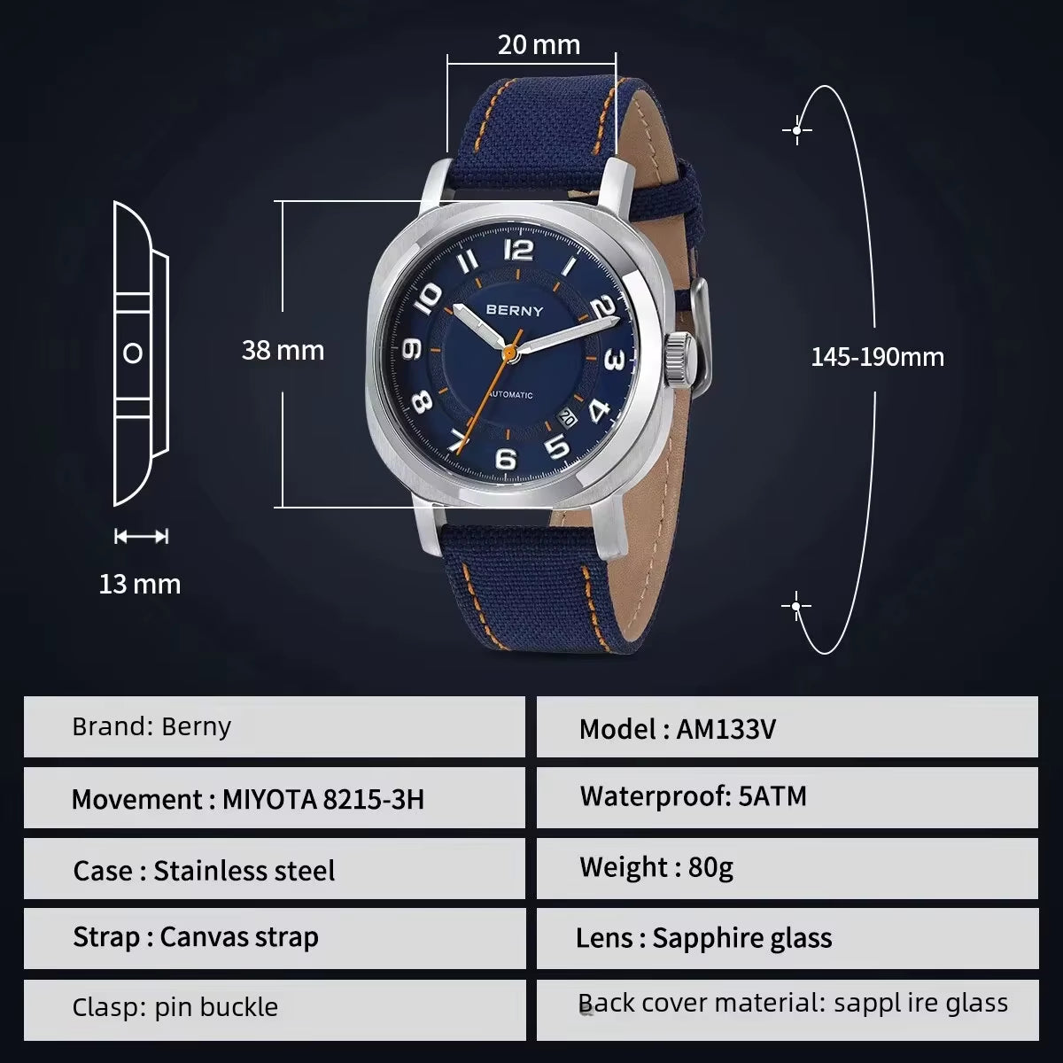 Mechanical Watch for Men Pillow 38Mm Case Cushion Sapphire Super Luminous Hands Wristwatch Canvas Calendar Watch for Men