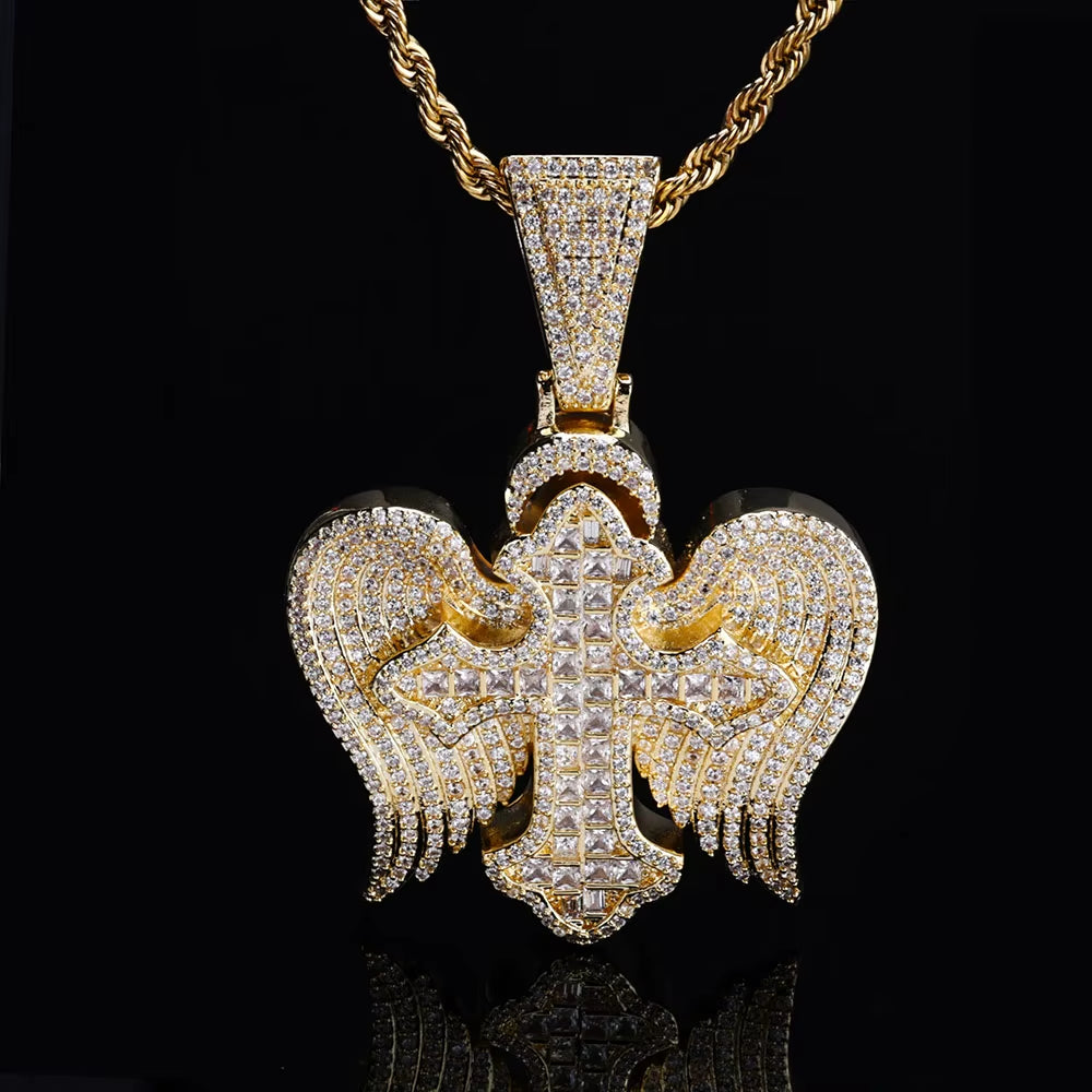 NUOYA Hip Hop Jewelyr Iced Out Diamond Cross Pendant White Gold Full Pave Shiny Zircon Angel Wings Cross Pendant for Gift