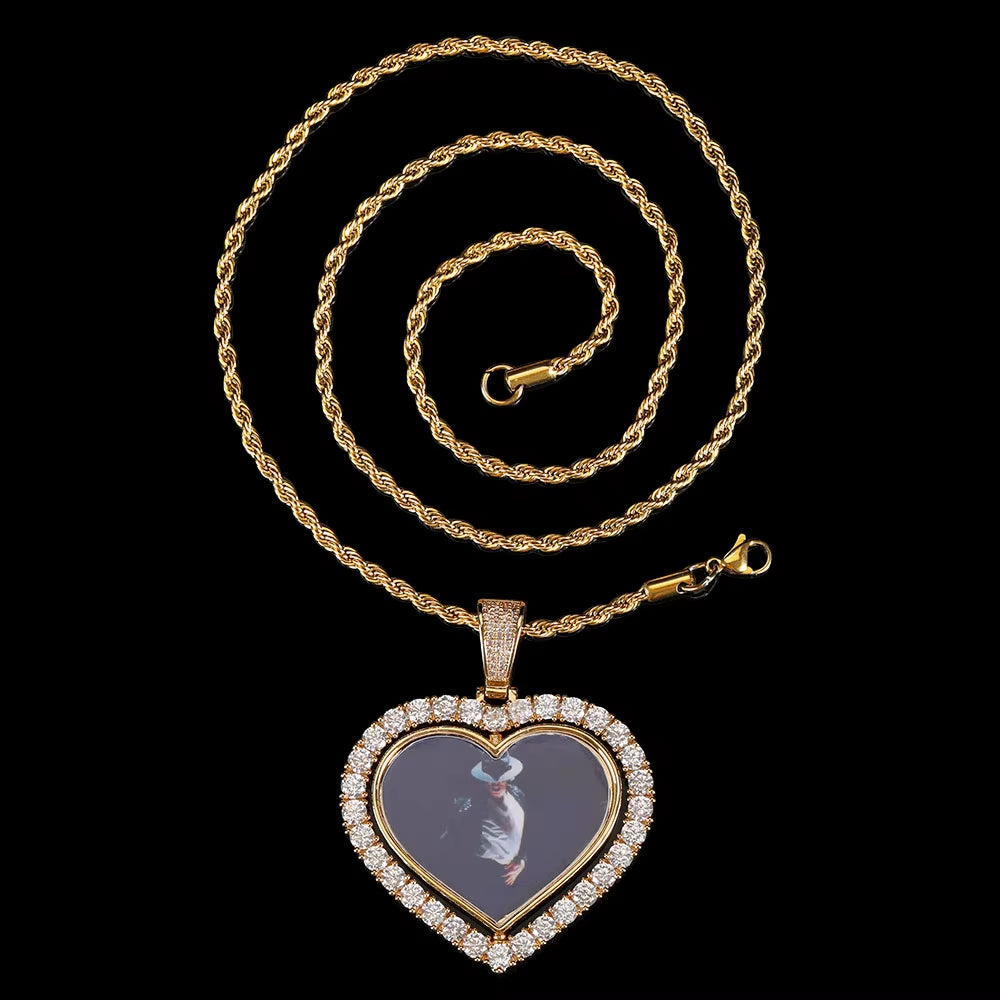 NUOYA Custom Rotating Heart Photo Pendant Iced Out Diamond Memory Picture Pendant Hip Hop Jewelry for Gifts