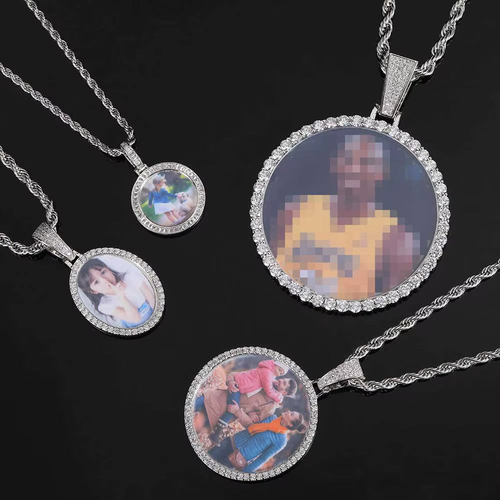 Nuoya Fine Jewelry Bling VVS Moissanite Custom Photo Pendant 925 Sterling Silver round Photo Frame Pendant for Men Women