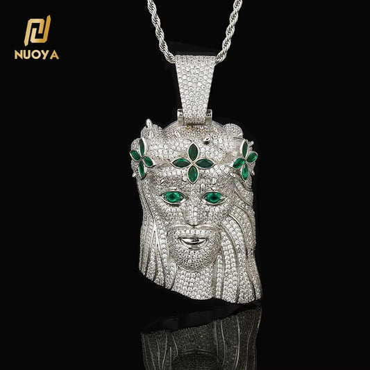 NUOYA Large Heavy Jesus Pendant Necklace Hip Hop Style Bling Green Zircon Four Leaf Clover Jesus Pendant Jewelry