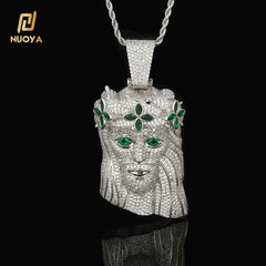 NUOYA Large Heavy Jesus Pendant Necklace Hip Hop Style Bling Green Zircon Four Leaf Clover Jesus Pendant Jewelry
