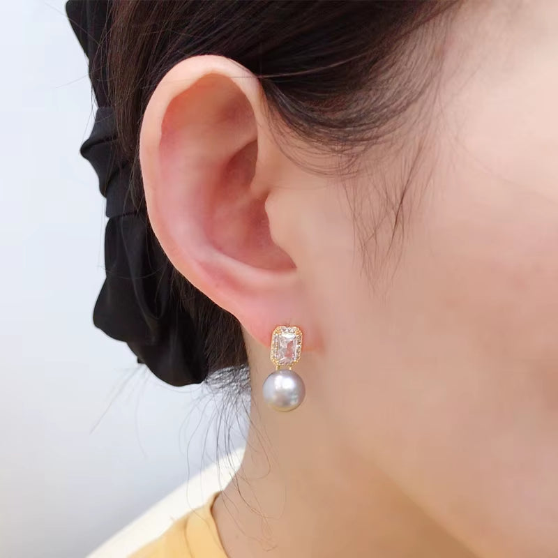 2024 Wholesale Women'S Natural Pearl Stud Earrings 18K Gold Plated Square Zircon S925 Silver Needle Jewelry