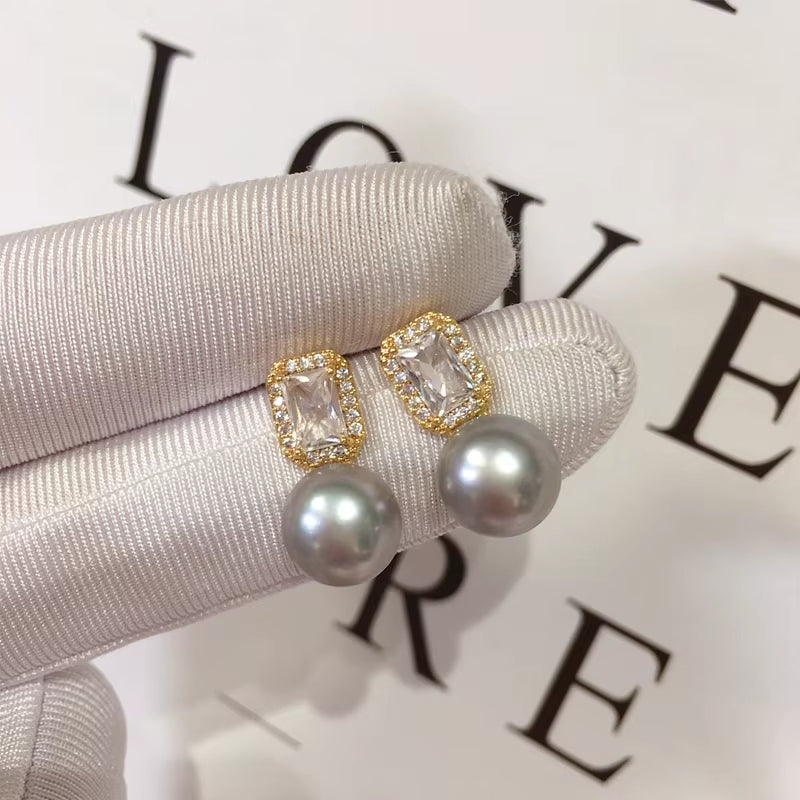 2024 Wholesale Women'S Natural Pearl Stud Earrings 18K Gold Plated Square Zircon S925 Silver Needle Jewelry