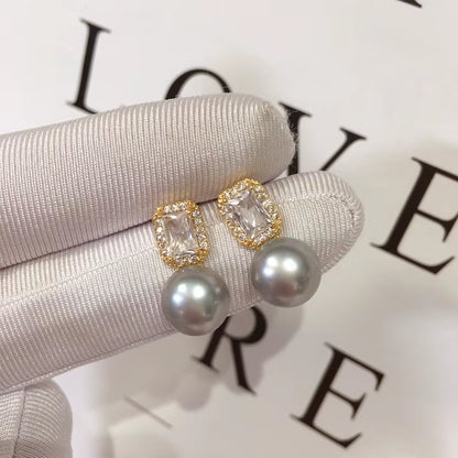 2024 Wholesale Women'S Natural Pearl Stud Earrings 18K Gold Plated Square Zircon S925 Silver Needle Jewelry