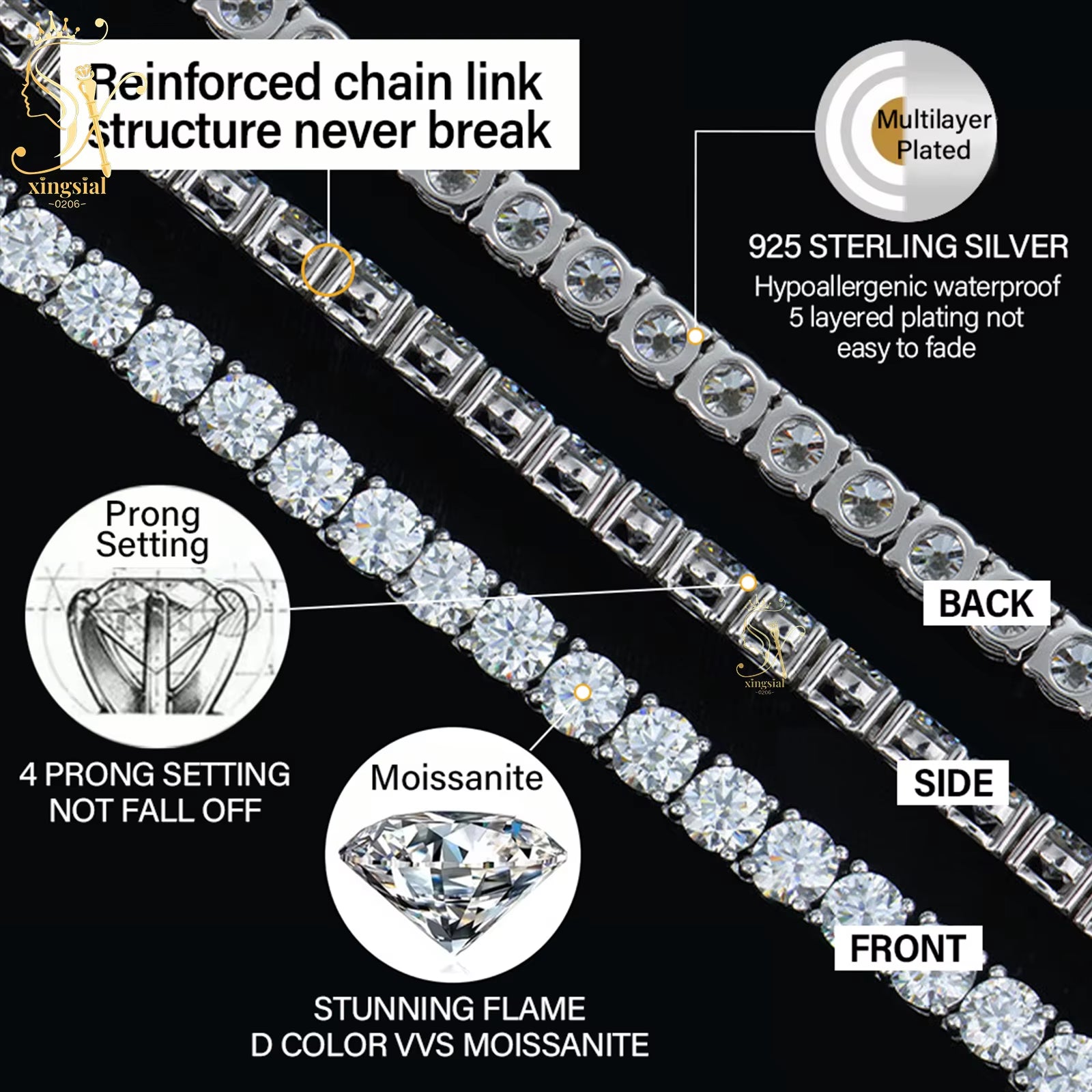 Wholesale Luxury Men Women Hip Hop Fine Jewelry 2Mm 3Mm 4Mm 5Mm Diamond 925 Silver Bracelet VVS Moissanite Tennis Chain Necklace