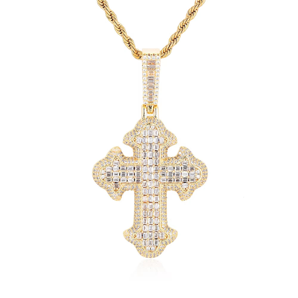 NUOYA New Style Hip Hop Baguette Square Iced Out Zircon White Gold Plated Cross Pendant for Men and Women Gift Fashion Jewelry