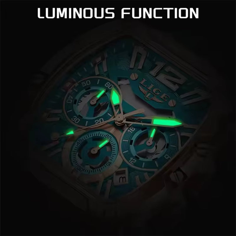 LIGE 89206 Men Wristwatches Creative Rectangle Watch for Man Sports Chronograph Luminous Date Clock Top Brand Hollow Watch Men