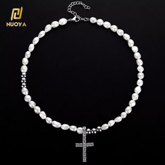 Trendy Men'S Pearl Necklace with Iced Cross Pendant Silver Stainless Steel Beaded Chain for Hip Hop Jewelry Gift