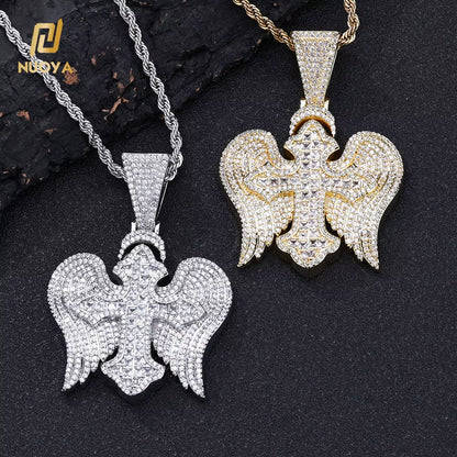 NUOYA Hip Hop Jewelyr Iced Out Diamond Cross Pendant White Gold Full Pave Shiny Zircon Angel Wings Cross Pendant for Gift