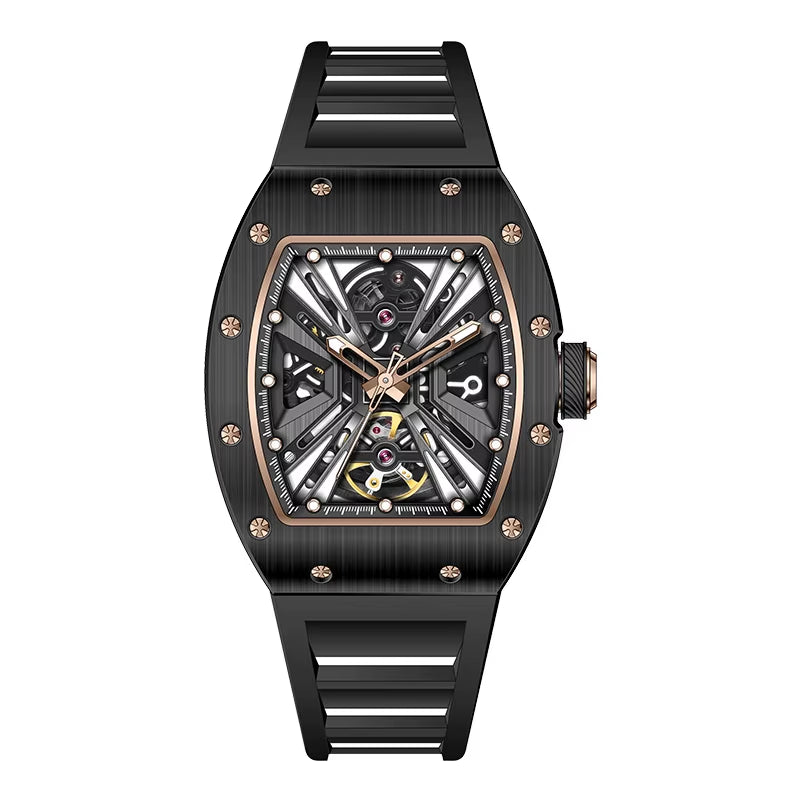 Men'S Trendy Luxury Skeleton Mechanical Watch Luminous Carbon Fiber Barrel-Type with Silicone Band Summer Type