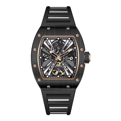 Men'S Trendy Luxury Skeleton Mechanical Watch Luminous Carbon Fiber Barrel-Type with Silicone Band Summer Type
