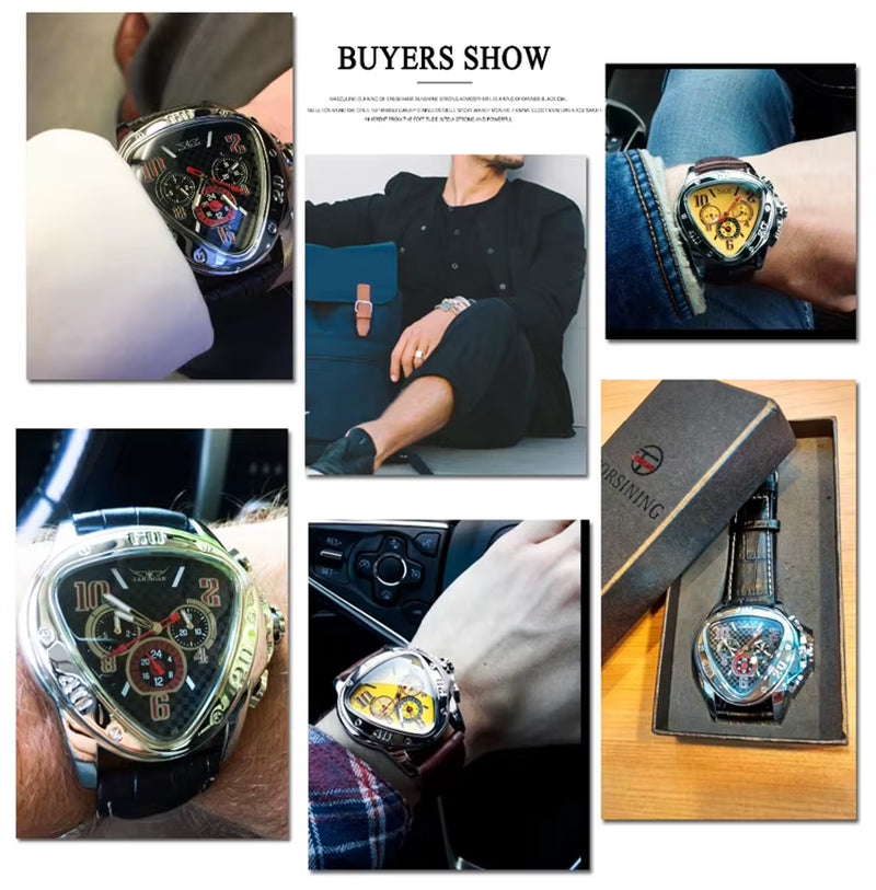 JARAGAR GMT951 Sport Racing Design Geometric Triangle Pilot Genuine Leather Men Mechanical Watch Luxury Automatic Wristwatches