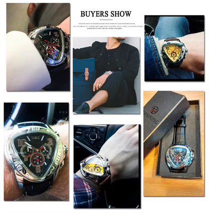 JARAGAR GMT951 Sport Racing Design Geometric Triangle Pilot Genuine Leather Men Mechanical Watch Luxury Automatic Wristwatches