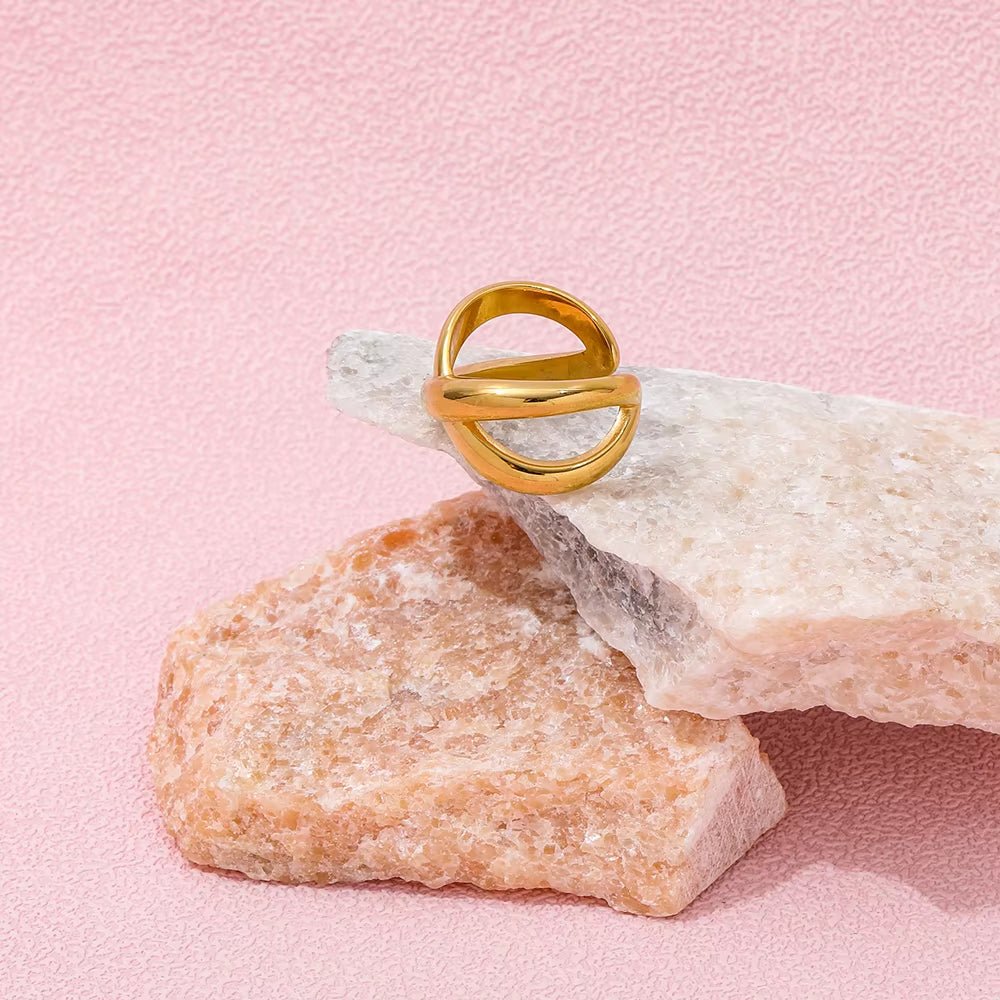 18K PVD Gold Plated Waterproof Tarnish Free Statement Unisex Chunky Cross Stainless Steel Couple Open Rings Jewelry Women - MCROONS.COM
