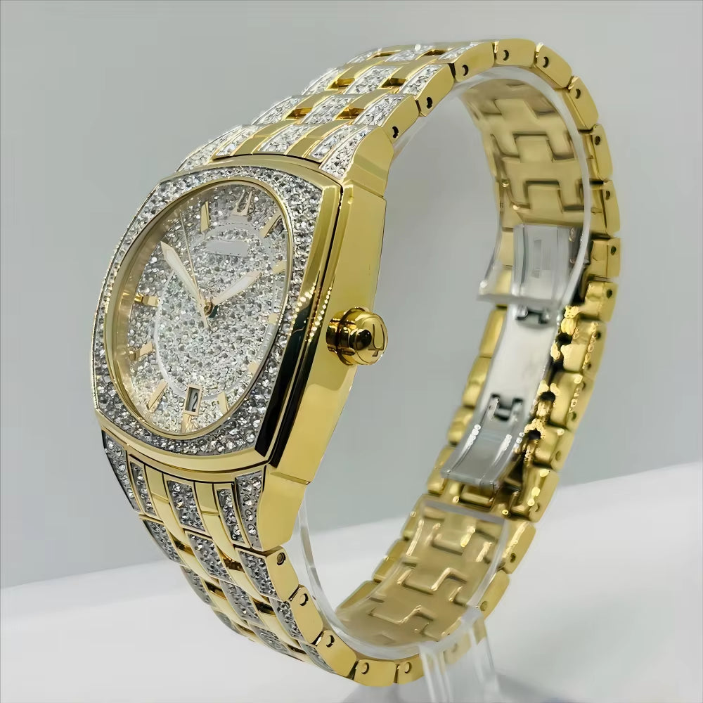 Wholesale Men'S Stainless Steel Watch 98B323 Rectangle Pave Crystal Cushion-Shaped Case Iced Style 40Mm Dial 22Mm Fashionable