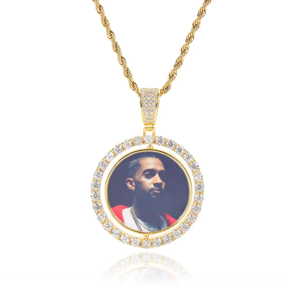 NUOYA Custom Gold Plated Photo Pendant Small Fine Jewelry for Men & Women Hip Hop Style Iced Double Sided Rotating Photo Pendant