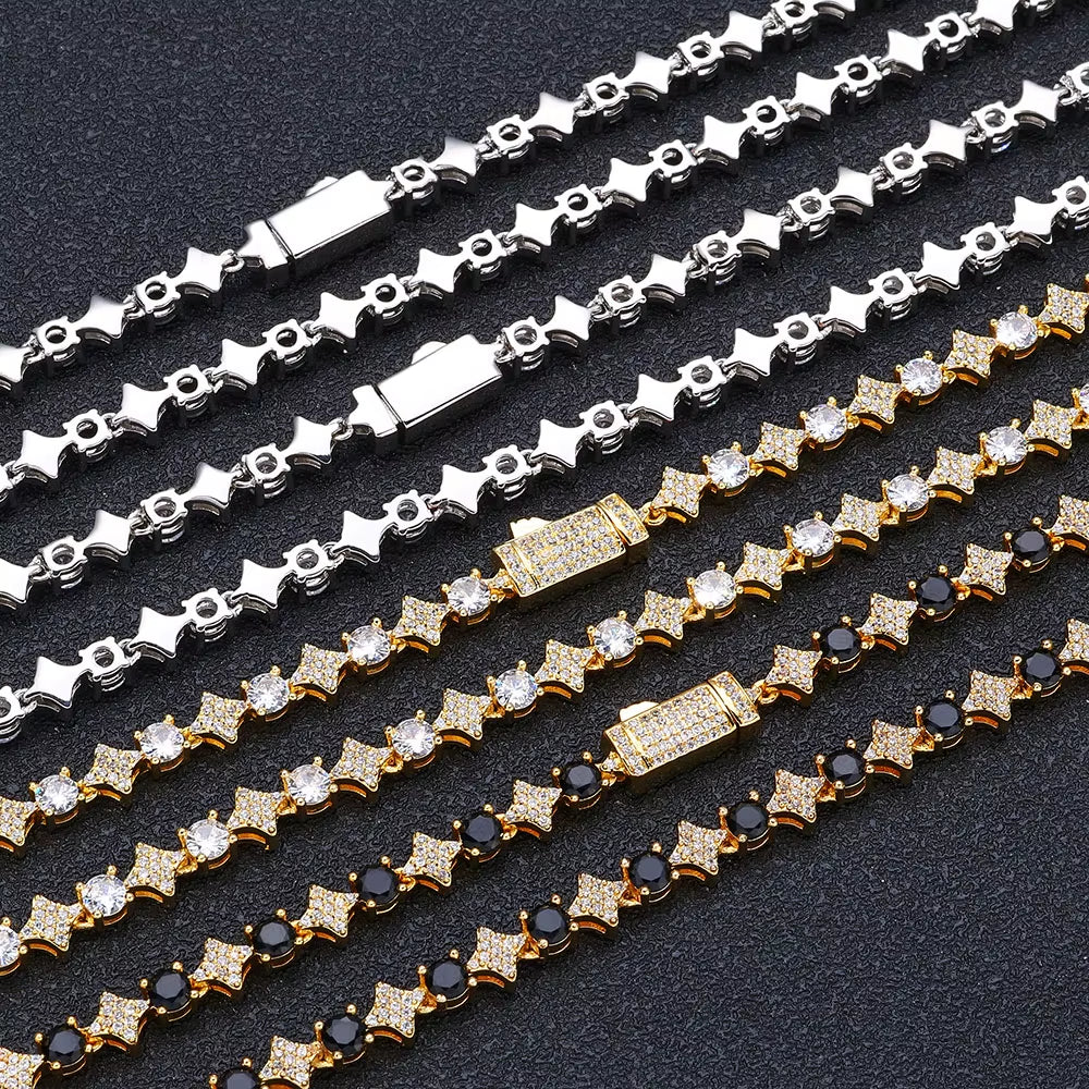 NUOYA Iced Out Tennis Chain Necklace 6Mm Spring Lock Clasp round Zircon Star Design Sparkling Diamond Hip Hop Jewelry