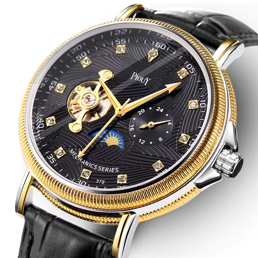 PIOUY D 379 Reloj Fashion Men Watches 2023 Custom Logo Moon Phase Skeleton Mechanical Watches Men Luxury Automatic Watch