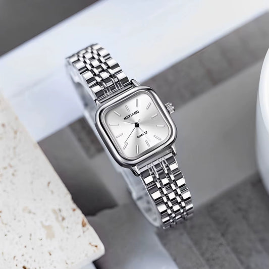 Elegant Luxury Women'S Quartz Watch Square Stainless Steel Band Waterproof 30Mm Glass Dial Window Fashionable Reloj