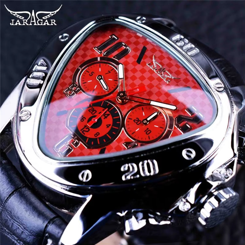 JARAGAR GMT951 Sport Racing Design Geometric Triangle Pilot Genuine Leather Men Mechanical Watch Luxury Automatic Wristwatches