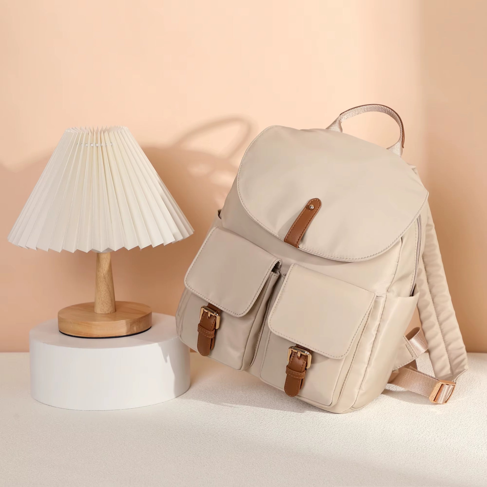 Simradia Anti-Theft Casual Nylon Beige Ladies Backpacks for Women Travel Backpack