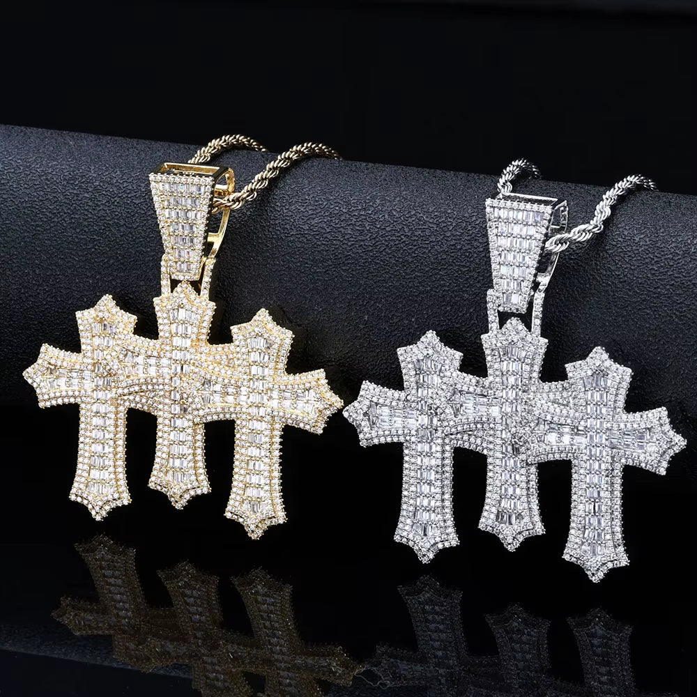 NUOYA High Quality 3-In-1 Micro Pave Bling Baguette Cubic Zirconia Cross Pendant Silver Gold Plated Brass Diamond Charm Pendants
