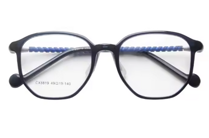 MCROONS Kids Clear Geometric Glasses — Gold Striped Temple Acetate Frames | Boys and Girls | Pink, Black, Clear, Light Blue and Navy