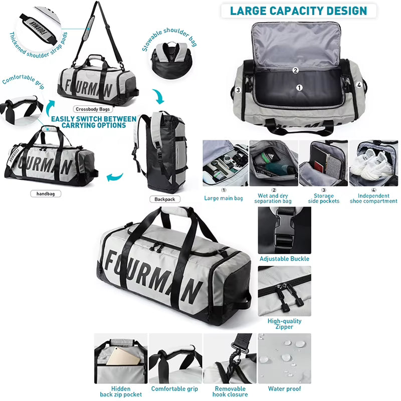 Large Capacity Unisex Duffel Bags Multi-Function Travel Bag Backpack Oxford Zipper Outdoor Gym Bags Sports Men'S Tote Handbag
