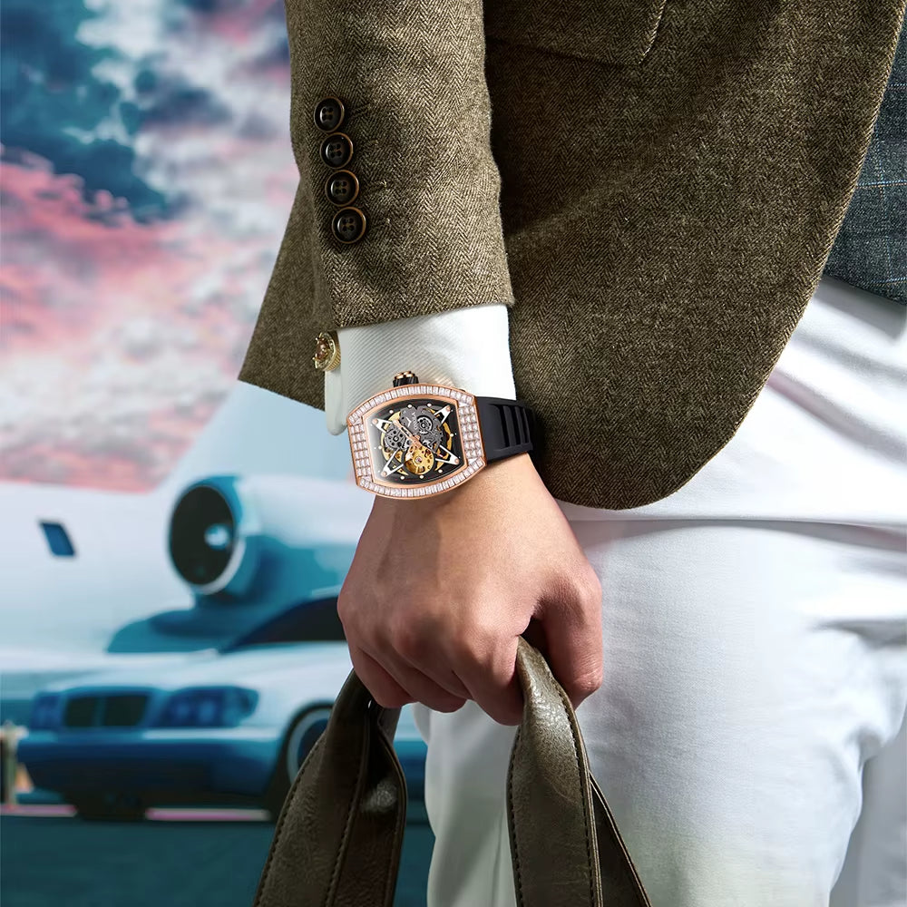 ONOLA 3838F Automatic Mechanical Wristwatch Skeleton Waterproof Watches Fashion Casual Sport Luminous Watch Men