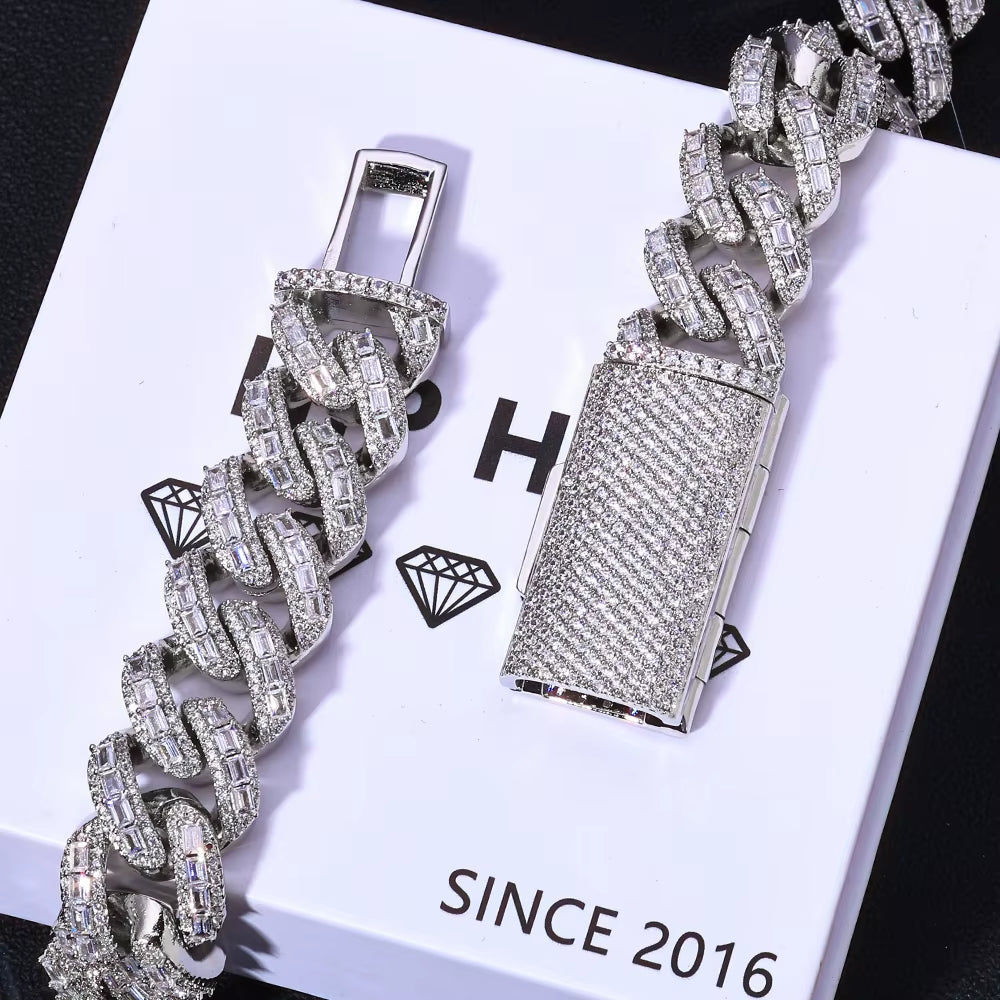 NUOYA 18Mm 925 Silver Cuban Chain Iced Out Flip Buckle VVS Moissanite Baguette Mixed Inlay Cuban Necklace Hip Hop Jewelry