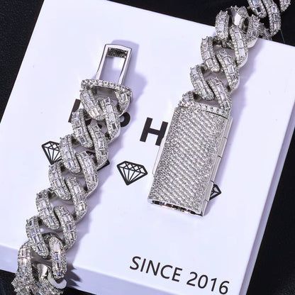 NUOYA 18Mm 925 Silver Cuban Chain Iced Out Flip Buckle VVS Moissanite Baguette Mixed Inlay Cuban Necklace Hip Hop Jewelry