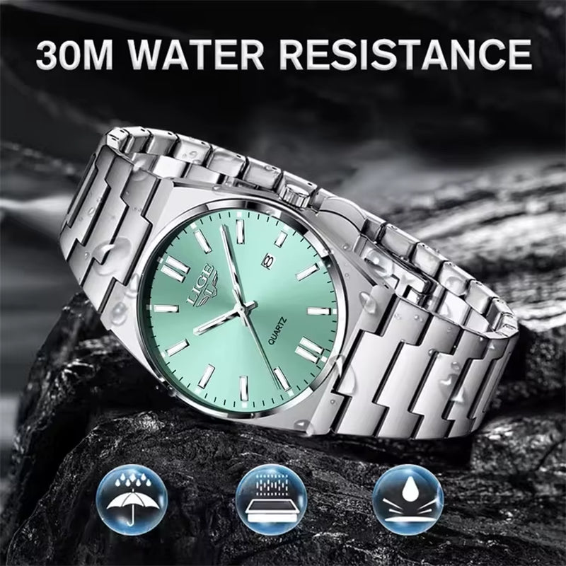 LIGE 89153 Watch for Man 3Atm Waterproof Luminous Date Week Stainless Steel Wristwatches Casual Quartz Men'S Watches Male Clock