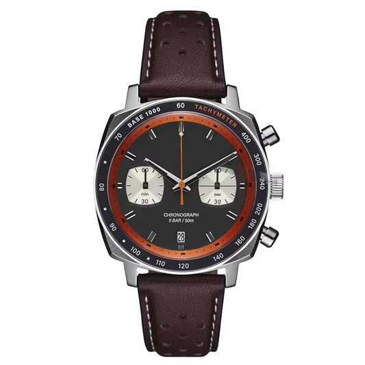 New Stylish OEM ODM Chronograph Watch Cushion Case 316L SS with Genuine Leather Strap U3068