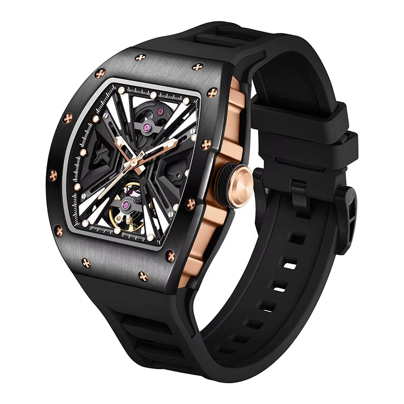 Men'S Trendy Luxury Skeleton Mechanical Watch Luminous Carbon Fiber Barrel-Type with Silicone Band Summer Type
