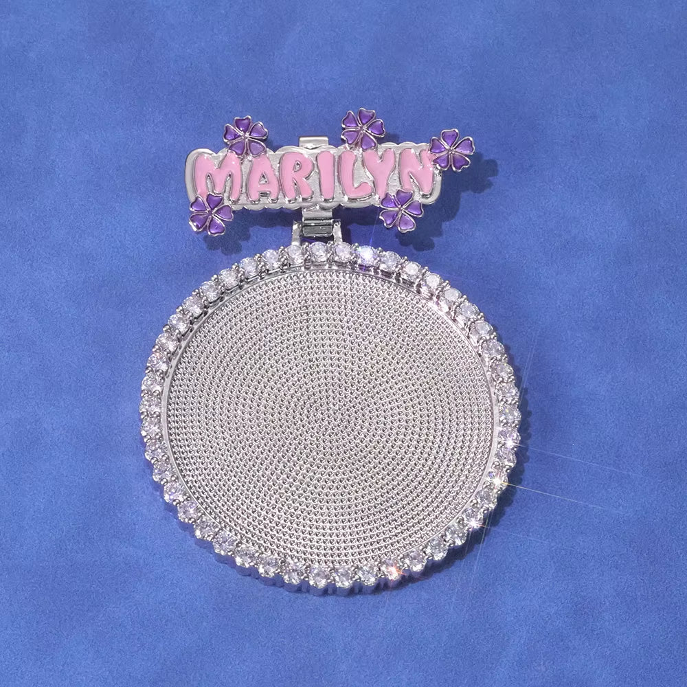 NUOYA Custom Name Photo Pendant Hip Hop Jewelry Iced Out Diamond Large Hook Pink Pendant Silver Memorial Gift for Men Women