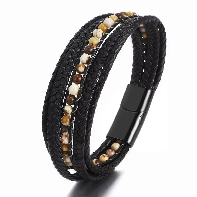 Wholesale Mens Bead Bracelets Stainless Steel Handmade Woven Leather Bracelet Men