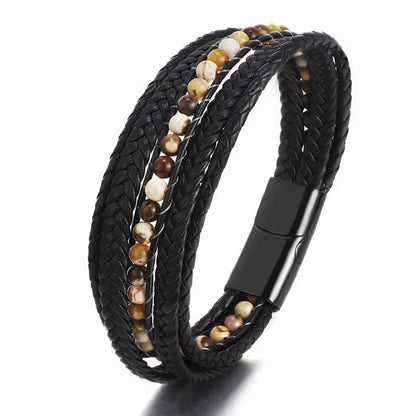 Wholesale Mens Bead Bracelets Stainless Steel Handmade Woven Leather Bracelet Men