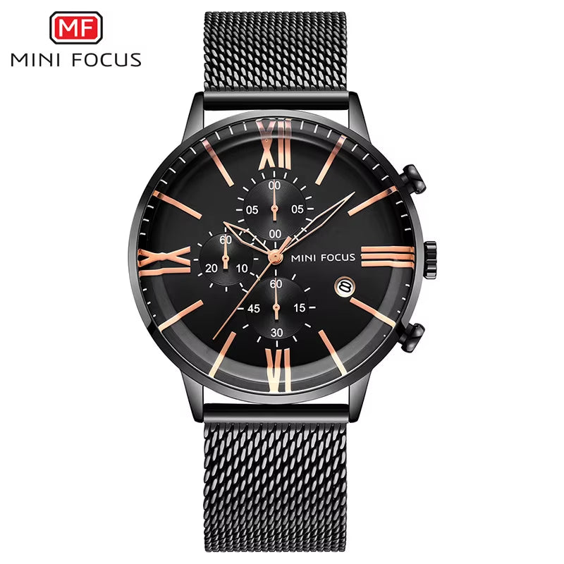 MINI FOCUS 0236G Latest Design Arched Hook Buckle Stainless Steel Mesh Roman Numeral Scale Quartz Watch for Men
