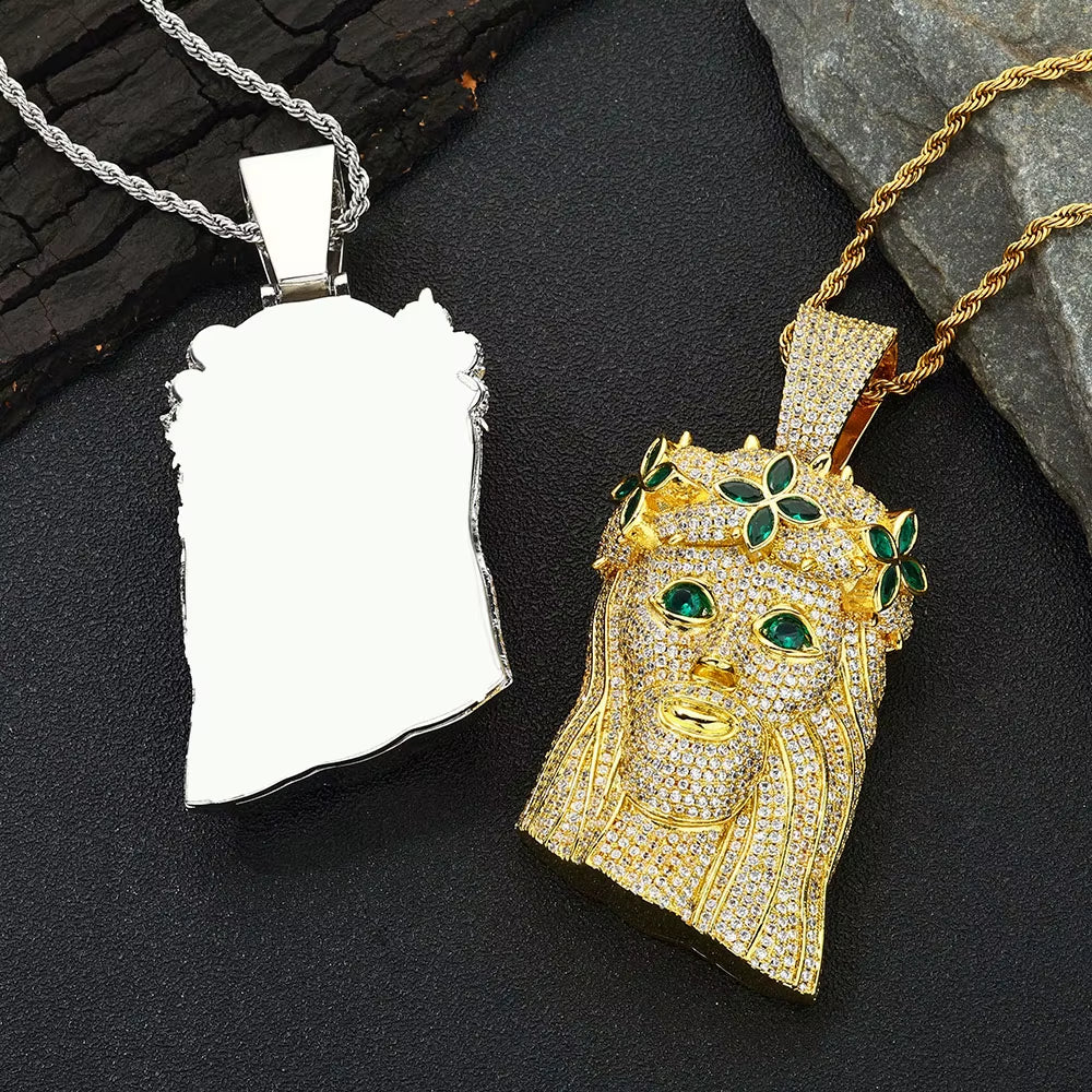 NUOYA Large Heavy Jesus Pendant Necklace Hip Hop Style Bling Green Zircon Four Leaf Clover Jesus Pendant Jewelry