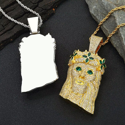 NUOYA Large Heavy Jesus Pendant Necklace Hip Hop Style Bling Green Zircon Four Leaf Clover Jesus Pendant Jewelry