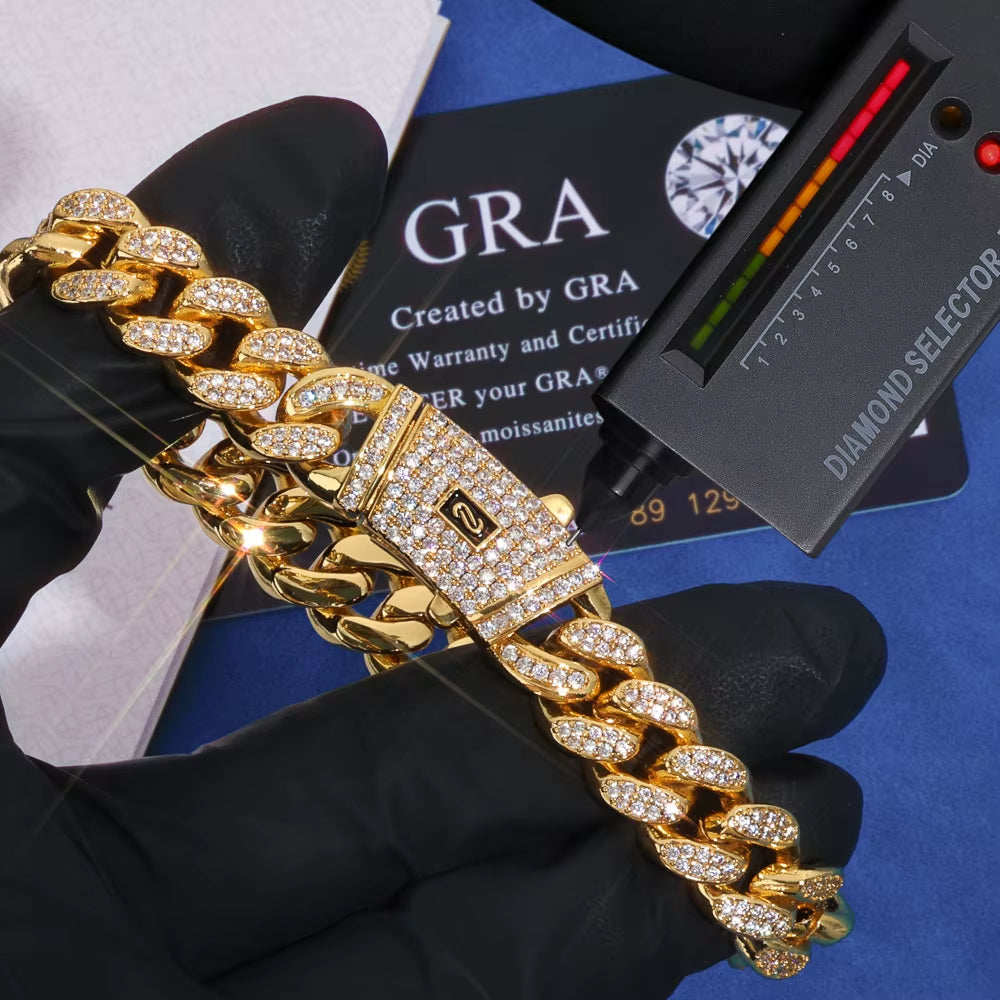 NUOYA Iced Out 925 Silver Bracelet 12Mm Width VVS Moissanite Cuban Link Chain Mens Bling Hip Hop Luxury Jewelry