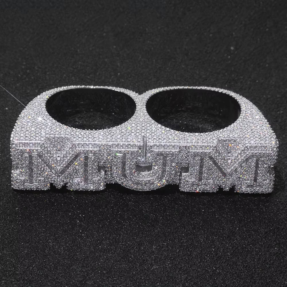 NUOYA 925 Silver Personalization Custom Letter Double Finger Ring Iced Out VVS Moissanite Luxury Hip Hop Fine Jewelry