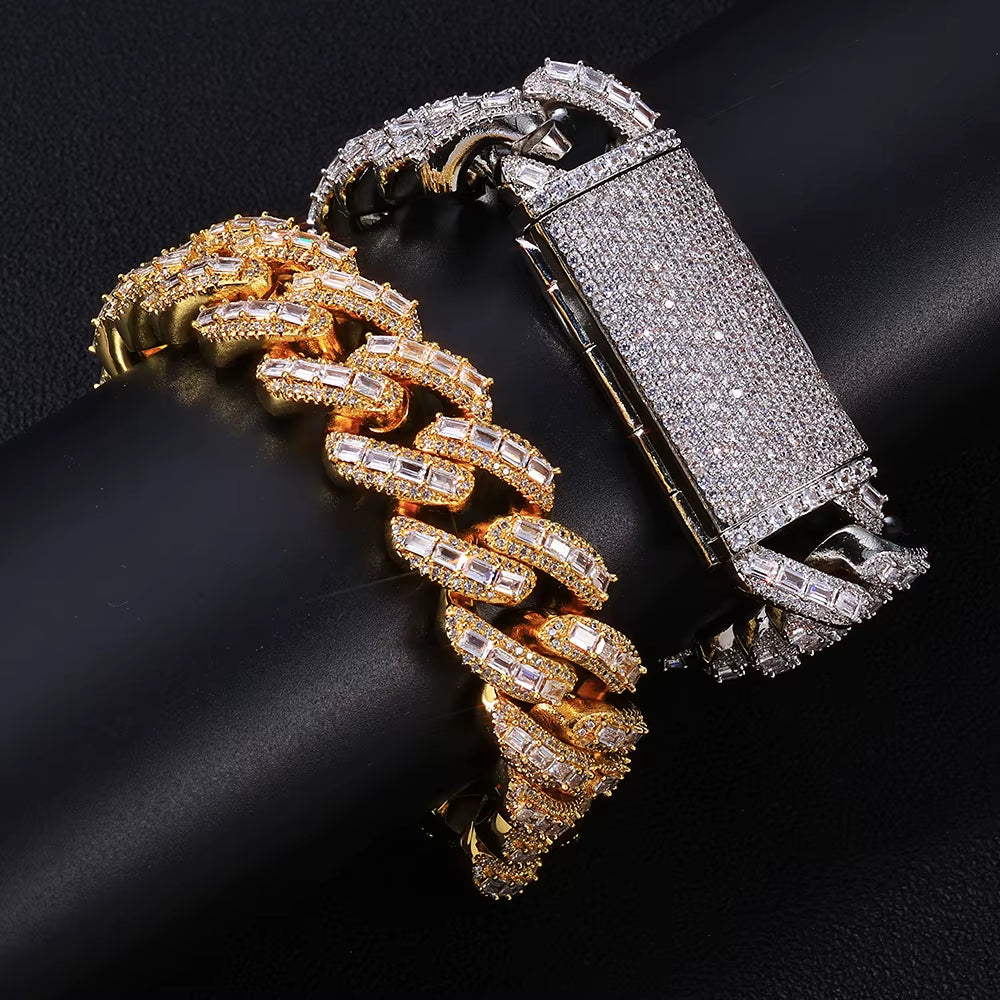 NUOYA 18Mm Heavy Duty Cuban Chain 925 Silver Bracelet Flip Buckle Iced VVS Moissanite Baguette Inlay Hip Hop Jewelry