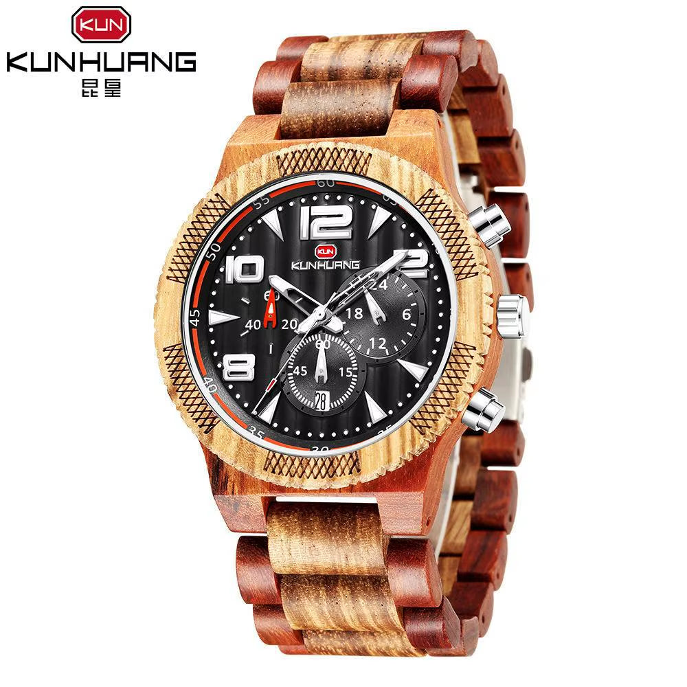 KH1016 Blue Multi Functional 44MM Three Eyes Six Needle Wooden Versatile Men Quartz Sports Watch Exquisite Texture