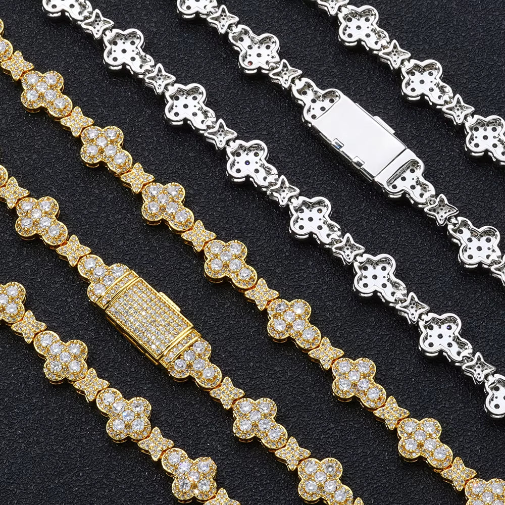 NUOYA Iced Out Full Pave Zircon Choker Necklace Gold Plated with Diamond Cross Link Chain Flower Design Shiny Hip Hop Jewelry