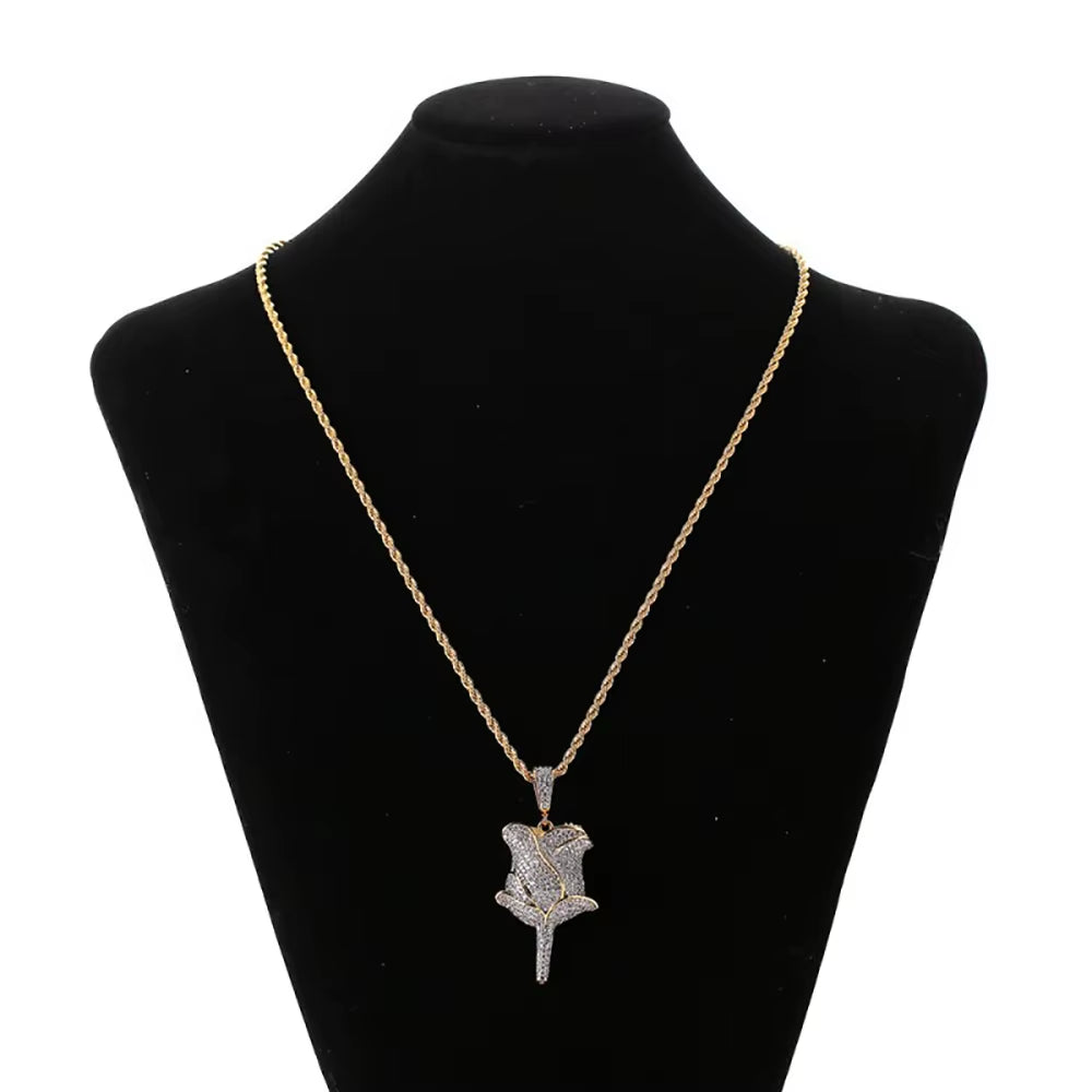 New Hip Hop Style 18K Gold Rose Flower Pendant Necklace Full Pave Zircon Charms for Women Fine Diamond Rose Flower Pendant