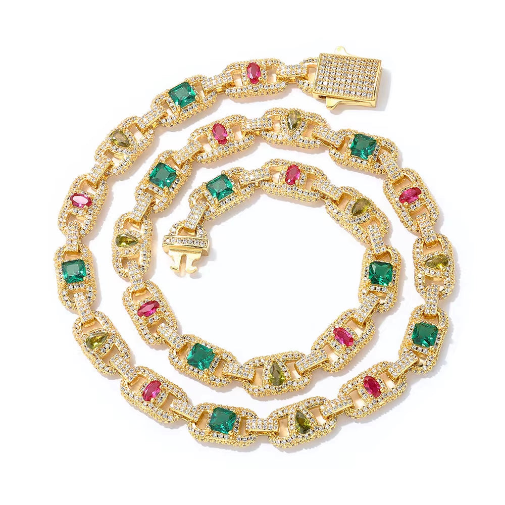 NUOYA Luxury Colorful Zircon Cuban Chain Necklace Silver Plated Mixed Inlaid Iced Out Diamond Hip Hop Fine Jewelry